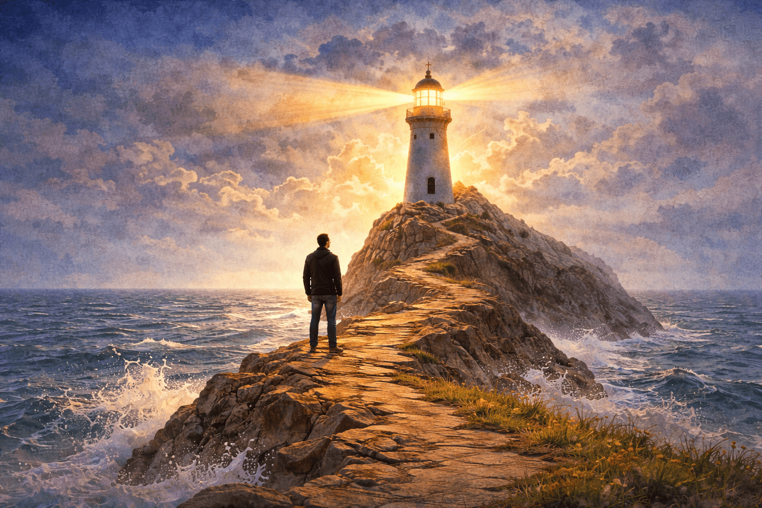 Praca z metaforą w coachingu - Clean Language i symboliczny krajobraz klienta: coach stojący przed latarnią morską jako metafora kierunku i wglądu