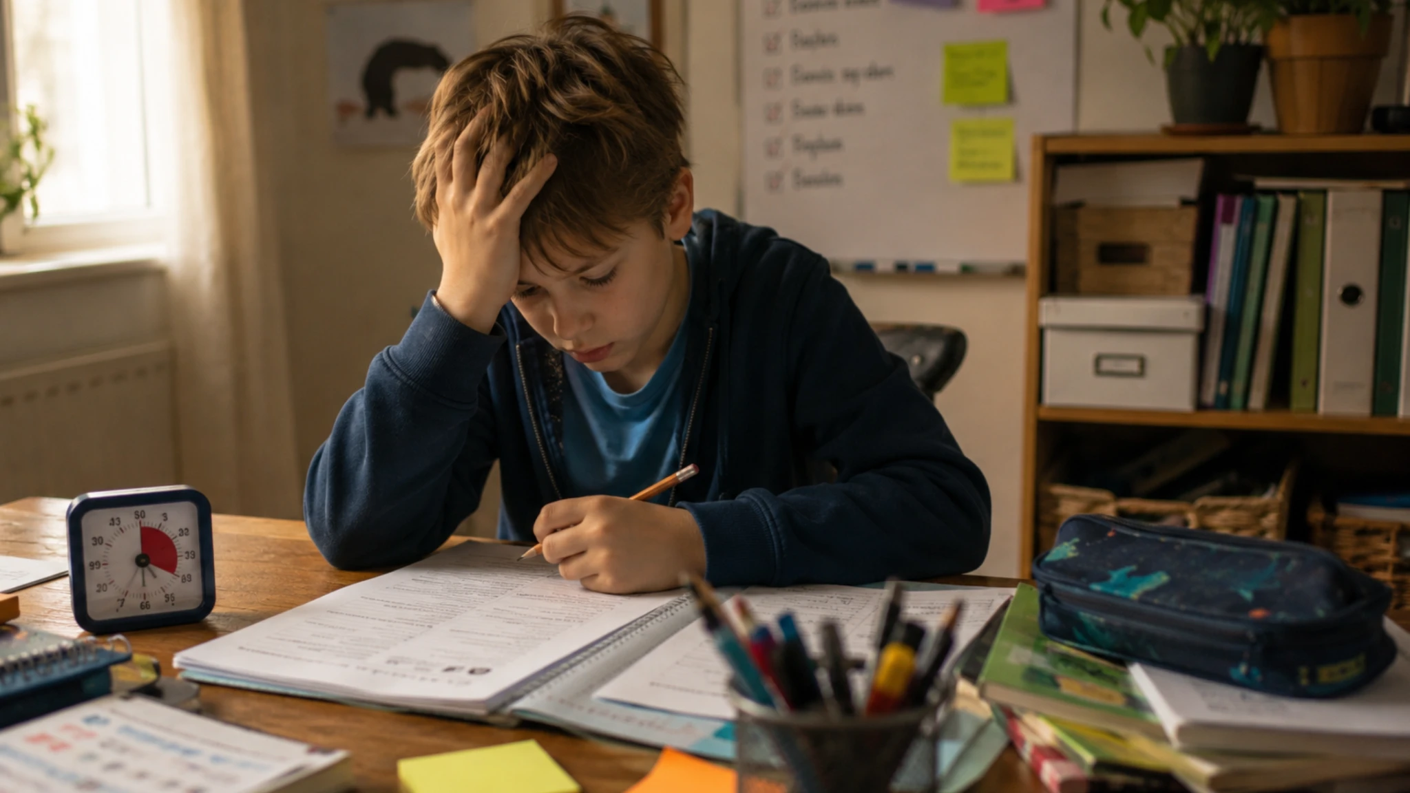 Dziecko z ADHD przeciążone przy odrabianiu lekcji — codzienne trudności z koncentracją i emocjami